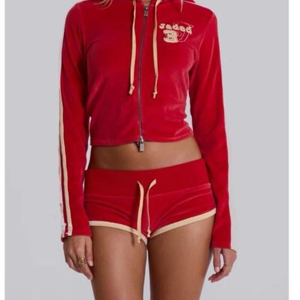 Jaded London vintage red with cream velour tracksuit mini shorts. Size 2
